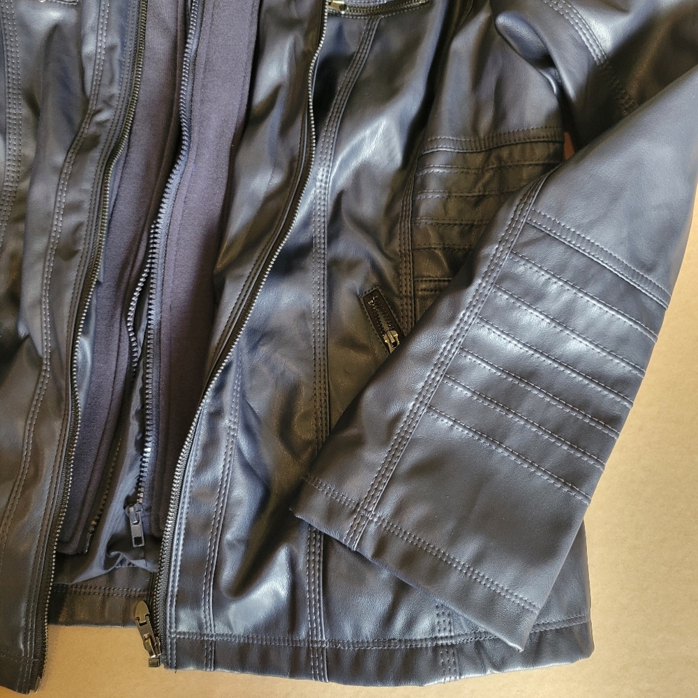 Newbeststyle Faux Leather Hoodie Lined Moto Jacket Womens Size XXL Navy - Picture 2 of 16